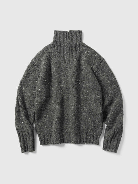 AURALEE Low-Gauge Homespun Tweed Knit Zip Turtle Top Charcoal, Sweaters