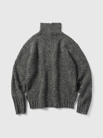 AURALEE Low-Gauge Homespun Tweed Knit Zip Turtle Top Charcoal, Sweaters