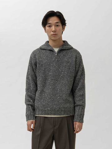AURALEE Low-Gauge Homespun Tweed Knit Zip Turtle Top Charcoal, Sweaters