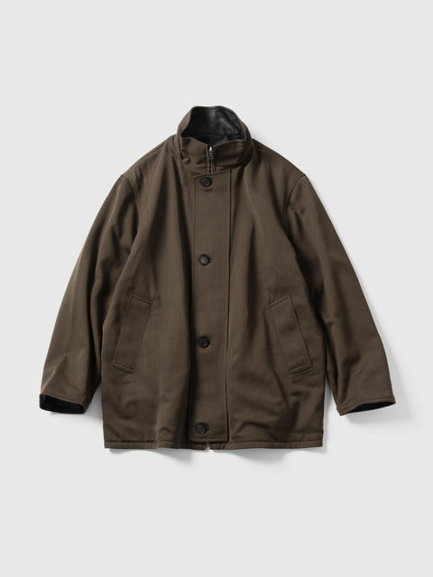 AURALEE Reversible Wool Twisted Twill / Lamb Leather Half Coat Brown Chambray x Black, Coats