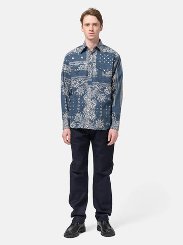 full-body view of model wearing the KAPITAL Viyella Flannel Bandanna HUSKY Western Shirt Navy