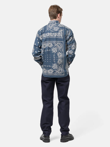 rear view of model wearing the KAPITAL Viyella Flannel Bandanna HUSKY Western Shirt Navy