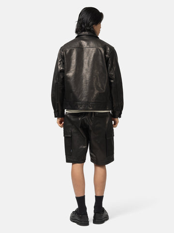Back shot of the model wearing the Neighborhood Leather Sports Jacket Black