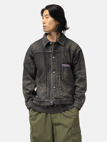 Half body shot of the model wearing the Neighborhood Savage Denim Type-1 Jacket Black
