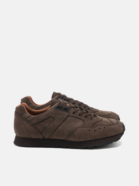 Side view of the Reproduction of Found French Military Trainer in Brown nubuck leather photographed in studio.