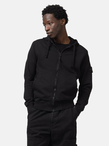 Half body shot of the model wearing the Stone island Organic Cotton Hooded Sweatshirt Black