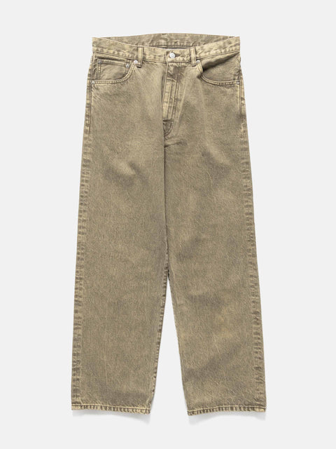 Flat shot in studio of the cotton denim 5 pocket wide pants in brown from URU
