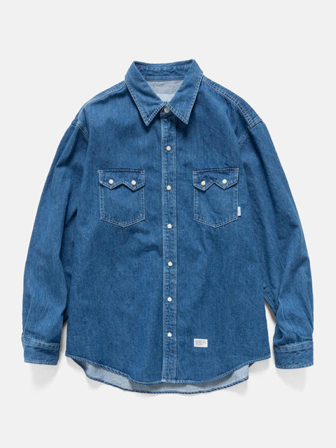 Flat shot of the WTAPS Allman / LS / Cotton. Denim Indigo