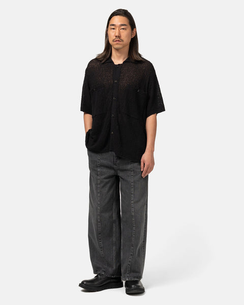 YOKE Cotton Sheer Knit Open Collar Shirt Black, Shirts