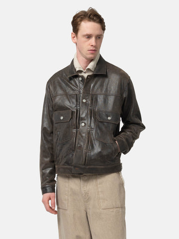 YOKE Cracked Leather Trucker Jacket Black, Leather Jackets